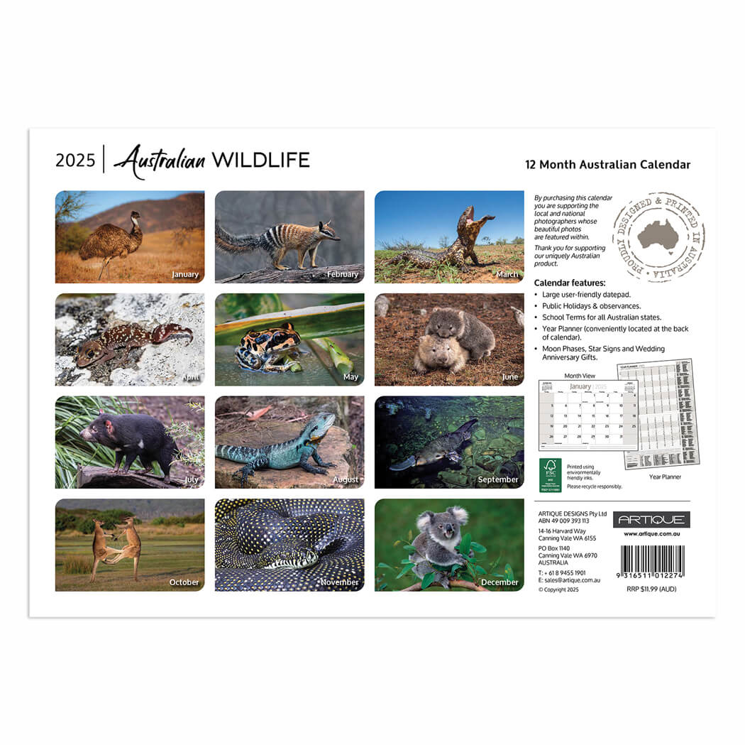 2025 Australian Animals Calendar for Made in Australia Souvenirs by Artique