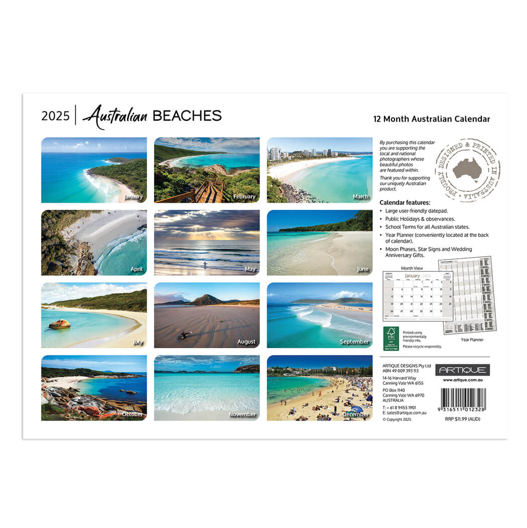 2025 Australian Beaches Calendar for Made in Australia Souvenirs