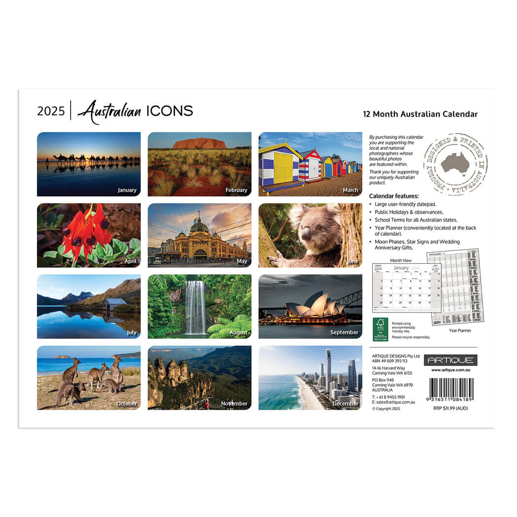 2025 Australian Icons Souvenir Calendar by Artique for gifts Australia to send overseas