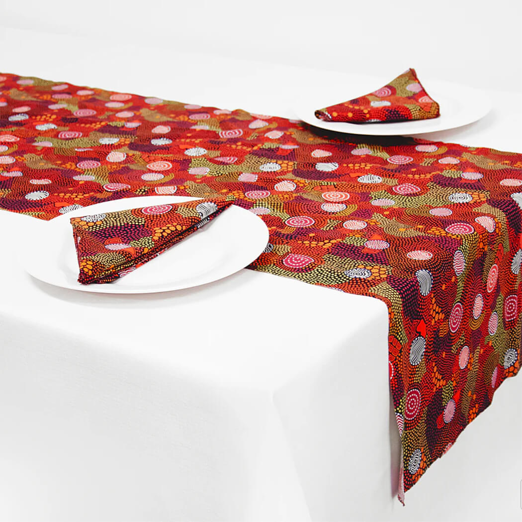 Aboriginal Gifts Australian Made Table Runner in Upper Bulawa Artwork
