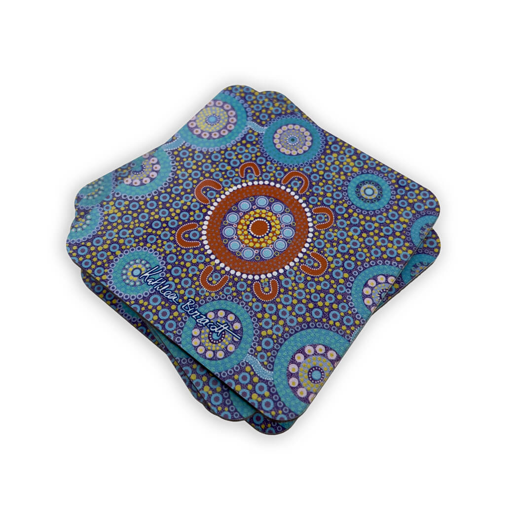 Aboriginal Souvenir Coasters Made in Australia with artwork by Kathleen Buzzacott