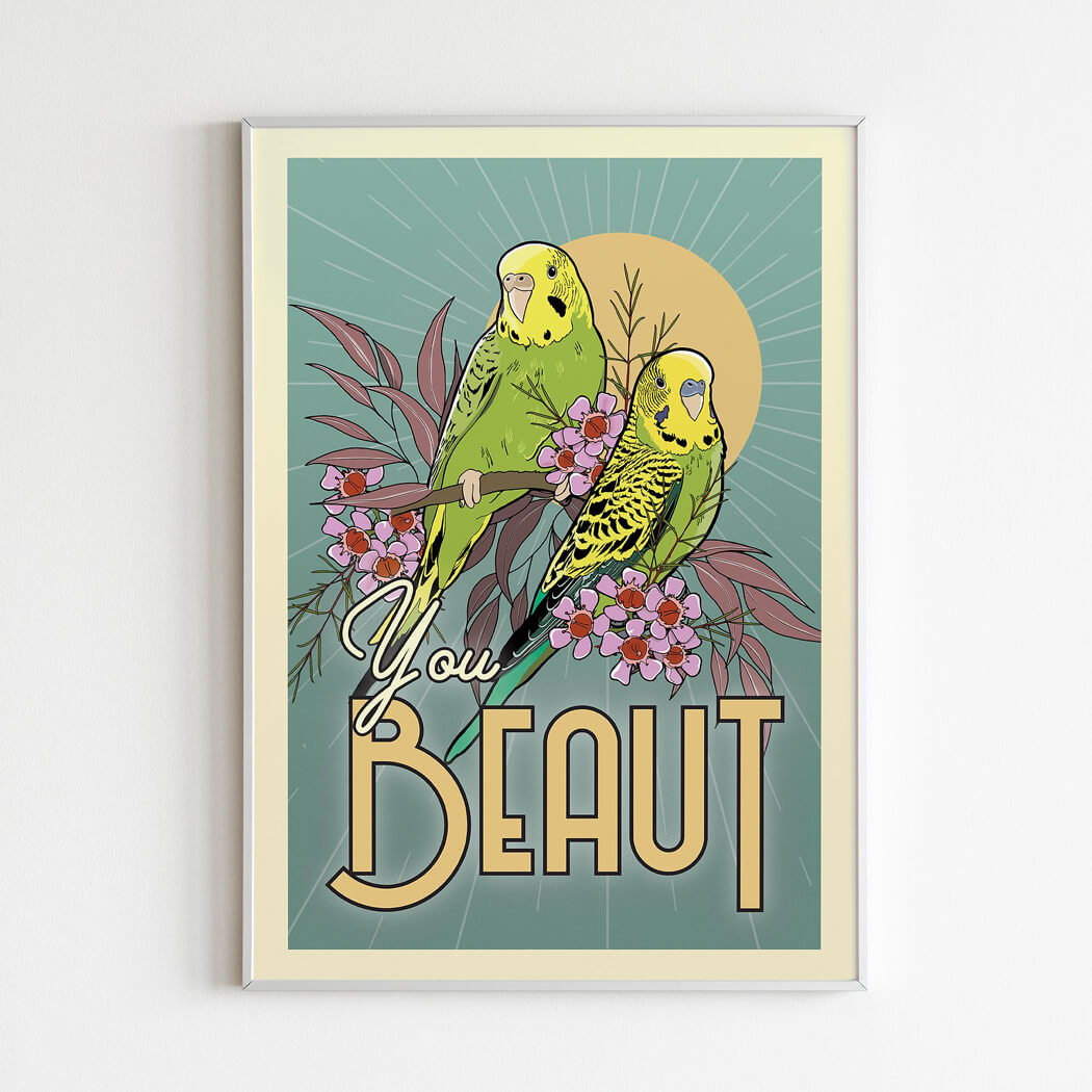 Australian Art Prints You Beaut Budgies A4 Poster by Little Mini Green Creative