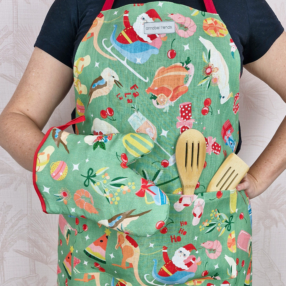 australian Christmas Apron and Matching Oven Glove for BBQ Gifts Australia