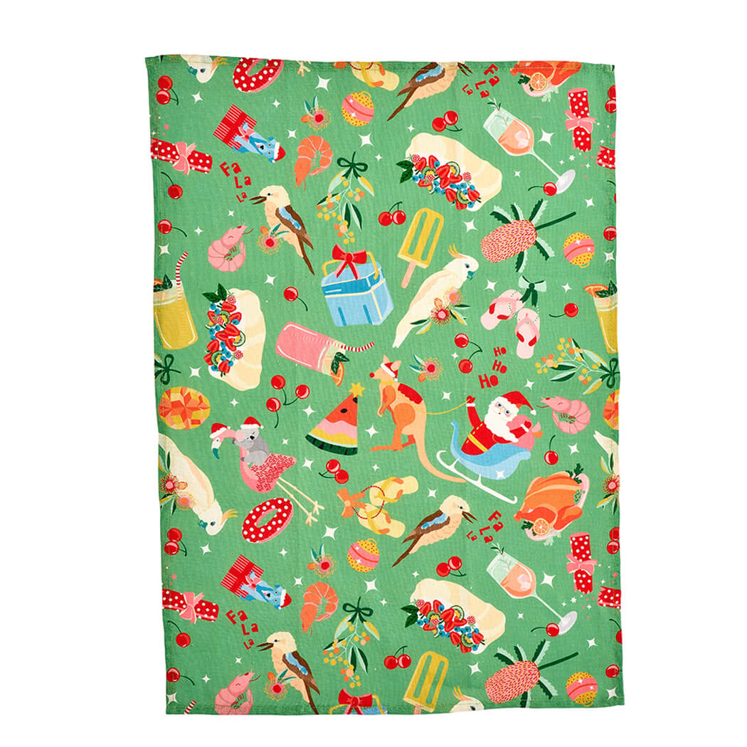 Australian Souvenir Linen Tea Towel in Aussie Christmas Green by Annabel Trends