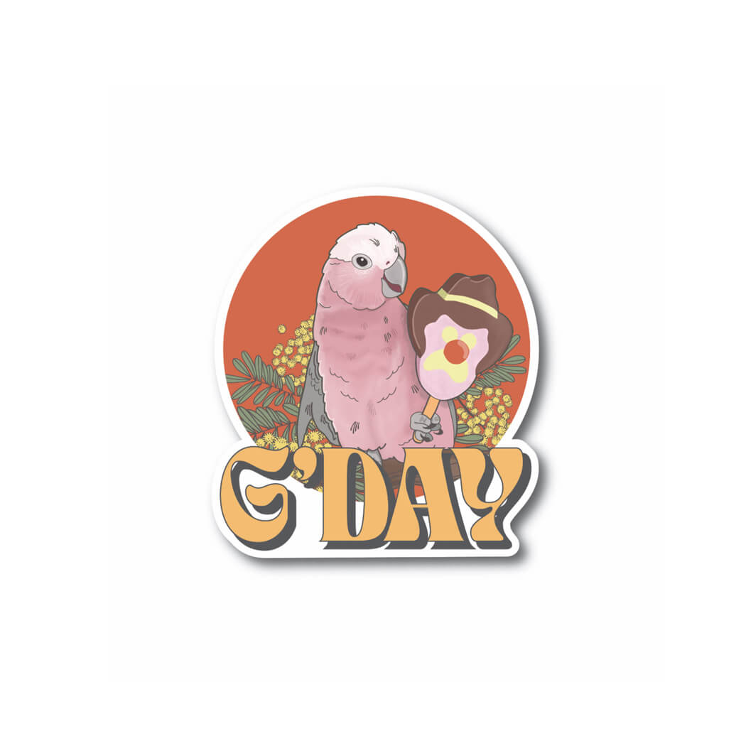 Australian Souvenir Vinyl Sticker Pink Galah saying G&#39;Day