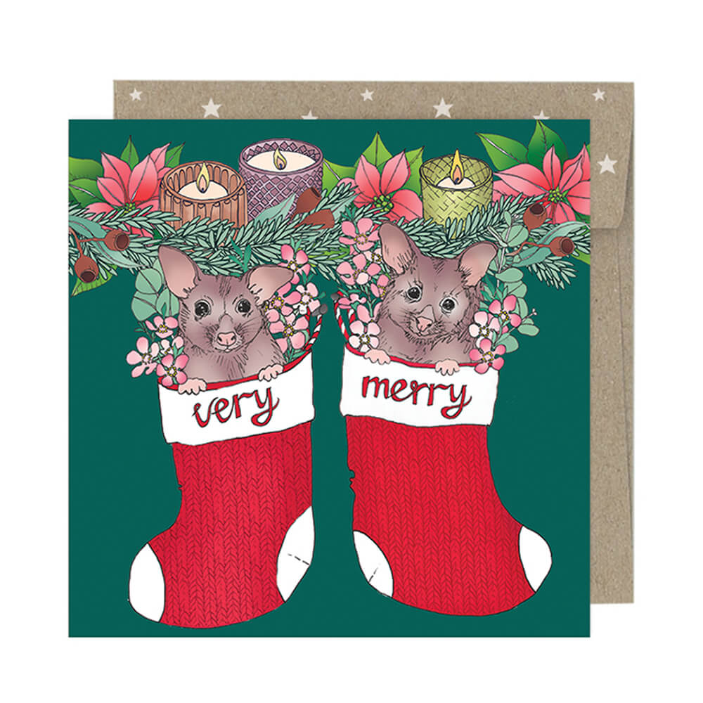 Australian Themed Christmas Card pack Possum in Xmas Stockings Australian Made