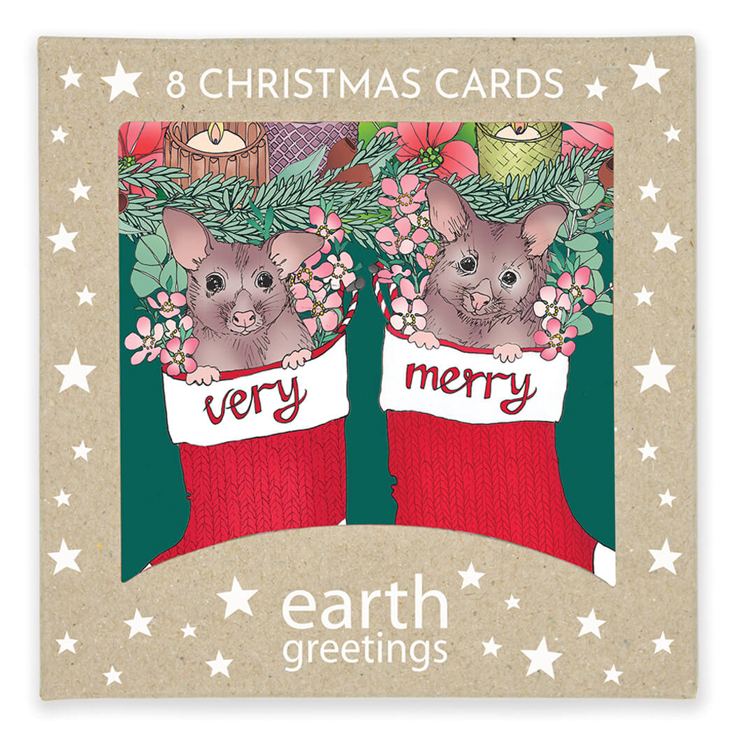 Australian Christmas Card pack made in Australia with Possum illustration by Victoria McGrane and Earth Greetings