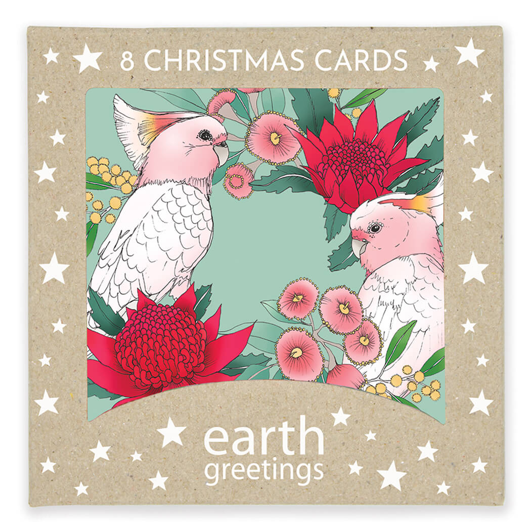 Pink Cockatoo Xmas Wreath Christmas Cards Boxed Set by Earth Greetings