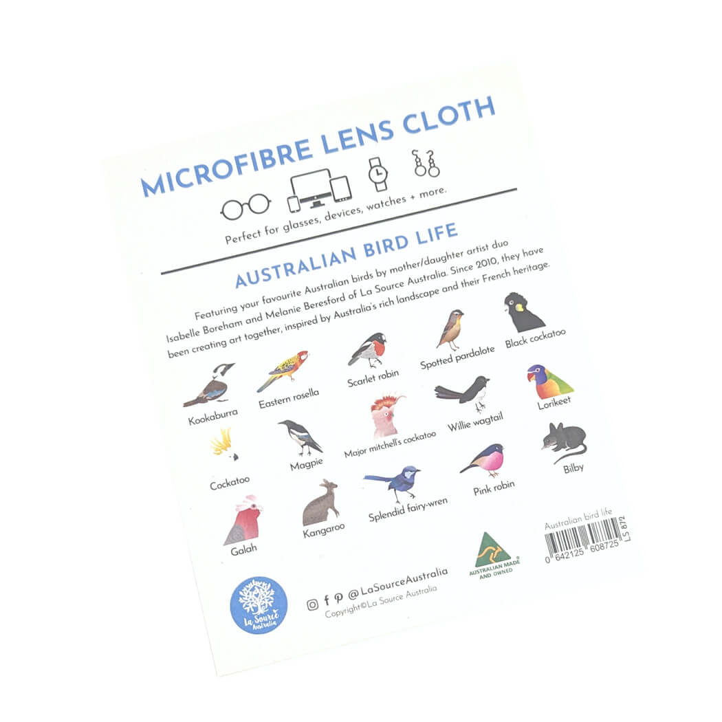 Souvenirs Australia Native Bird Life Lens Cleaning Cloth Australian Made by La Source